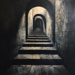 Stone Stairway Leading Through a Dark Series of Arches