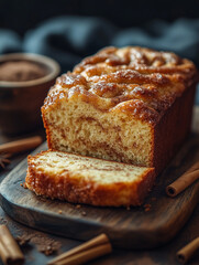 Freshly baked cinnamon swirl bread served on a wooden cutting board with spices