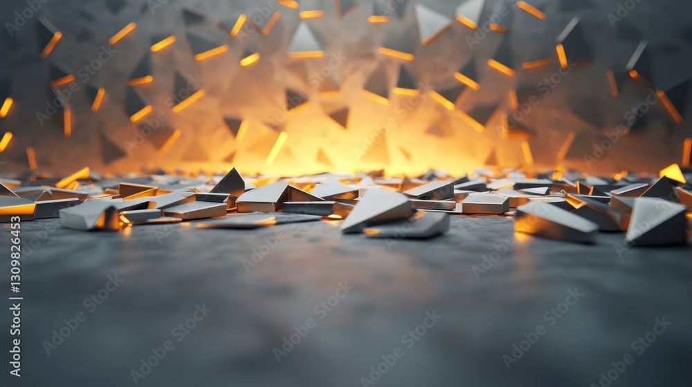 Poster shimmering abstract geometric shapes with warm illuminated background
