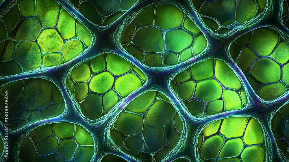 Poster an abstract science image of green plant cells, showcasing a grid-like arrangement of hexagonal stru