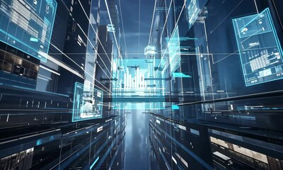 Futuristic cityscape with digital overlays showcasing technology and data flow in an urban environment - Powered by Adobe