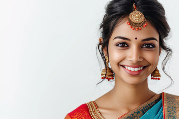 young indian woman wearing traditional saree and gold jewelry