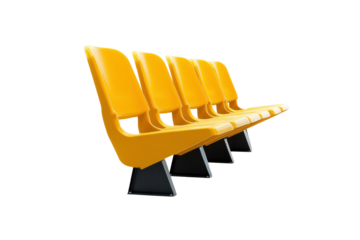 A high-angle view of yellow-colored tribune seats in a sports arena, empty and neatly arranged for future fans.