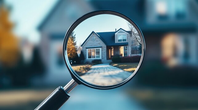 Magnifying glass revealing a detailed close-up of a house front door, blurred street background. 7e