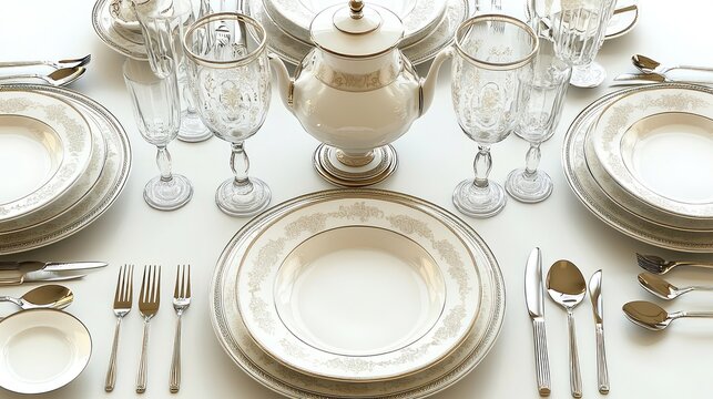 Formal china and crystal tableware set on a white table