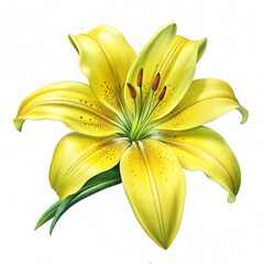 Fototapeta premium Detailed illustration of a blooming yellow lily with green leaves