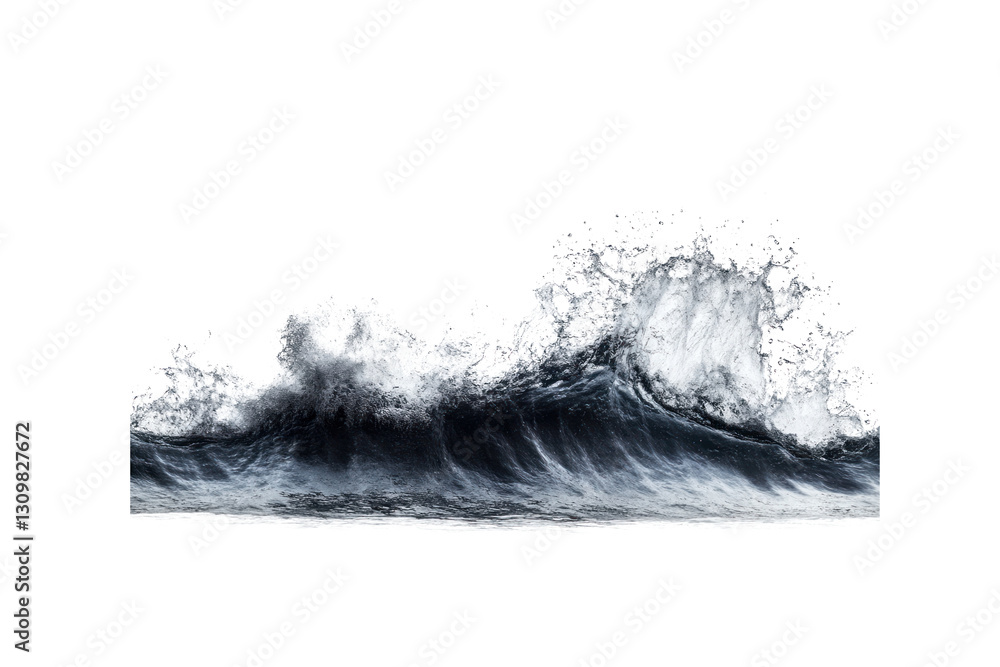 Poster a high-speed shot of a large wave of water splashing forward, with droplets suspended in the air and
