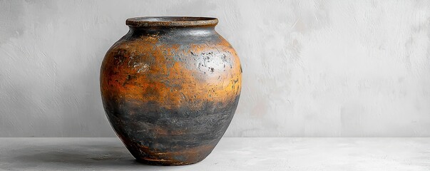 Vintage Brown Earthenware Pot, Empty Nature-Inspired Object, Green Plant Companion for Outdoor Spaces.