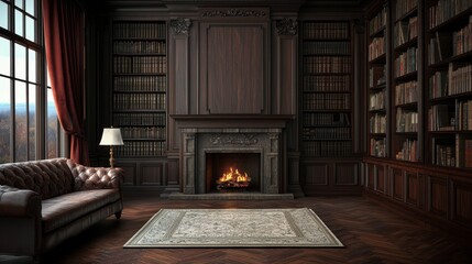 Elegant Library Interior with Cozy Fireplace and Comfortable Sofa