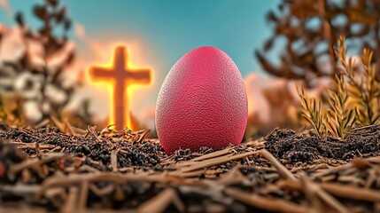A vibrant pink egg rests on the ground, illuminated by a soft sunset, with a cross in the background symbolizing faith and renewal.
