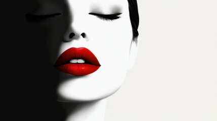 Obraz premium Minimalist Black and White Portrait of a Woman with Bold Red Lips and Closed Eyes
