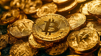 Golden Bitcoin Cryptocurrency Wealth and Success Luxurious Digital Currency Pile