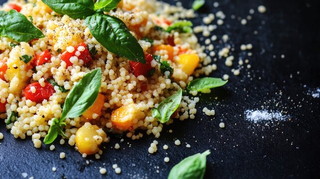 Vibrant Close-Up of Fresh Vegan Couscous Salad on Black Background, Perfect for Summer Vegetables