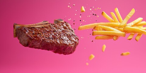 Fototapeta premium Floating steak and fries on a bold magenta background