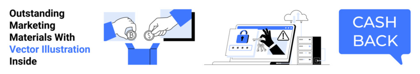 Hand putting coins in a box, secured systems, and cashback promotion tag. Ideal for finance, e-commerce, cybersecurity, rewards programs, online marketing, savings campaigns flat landing page banner