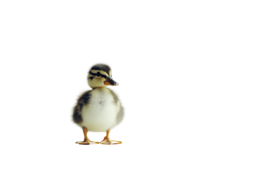 A lone duckling standing on a white surface, its head tilted to the left, looking puzzled at something just out of frame. The fluffy little creature exudes a sense of curiosity and confusion.