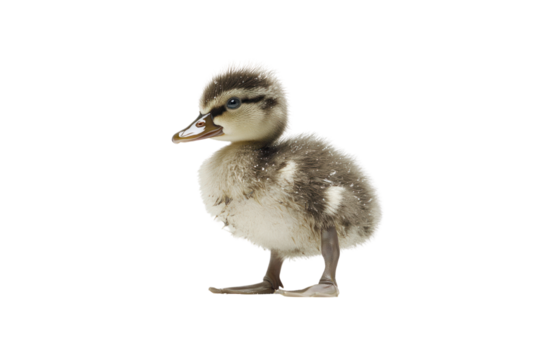 A lone duckling standing on a white surface, its head tilted to the left, looking puzzled at something just out of frame. The fluffy little creature exudes a sense of curiosity and confusion.