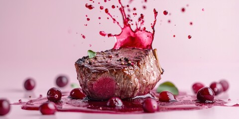 Floating steak with cranberry red wine sauce splashes on a soft pastel rose background