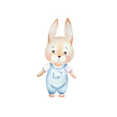 Happy baby bunny in blue overalls. Watercolor illustration, isolated on a white background. Hand drawn. For children's birthday, Easter, cards, banners, textiles