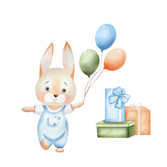 Bunny with balloons and gift boxes. Elements of invitations to a children's party, birthday. Watercolor set with cute hand drawn animal isolated on white background. For invitations, cards, design