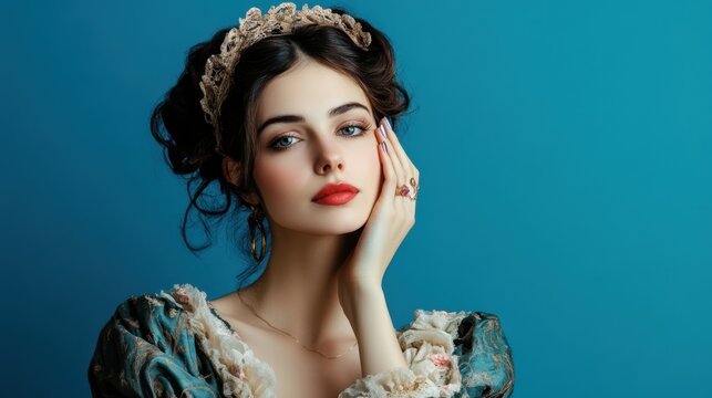 Photo of thoughtful lovely medieval lady marie antoinette touch face isolated on blue color background