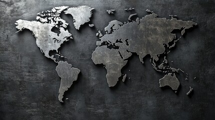 Three-Dimensional Metal World Map on a Textured Black Background