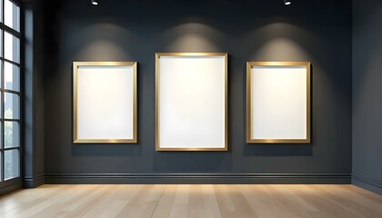 empty golden picture frames with blank canvas on black wall in art gallery exhibition 3d render illustration mock up template