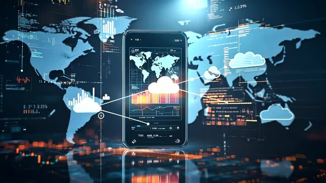 Smartphone displaying data analytics and cloud connectivity over a digital world map