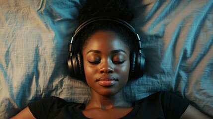 Rest And Relax Concept. Closeup portrait of calm black woman lying in bed, listening to music, audio book, podcast, enjoying meditation for sleep and peaceful mind in wireless headphones. Zen-like