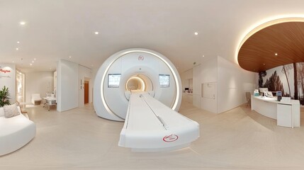 MRI scanner in a modern hospital room, white interior, nature view background