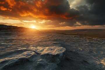 Obraz premium Dramatic Sunset Over the Scenic Yorkshire Dales: Limestone Fields and Stone Farms in a Stormy Sky