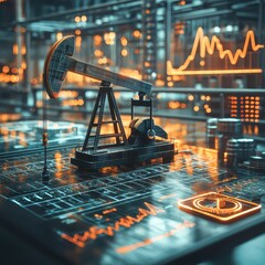 A futuristic oil rig sits on a digital surface, surrounded by glowing data graphs and analytics, symbolizing the intersection of technology and energy.