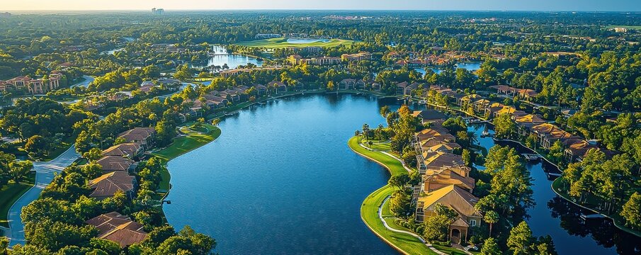 Orlando, Florida, US Travel Destination Photo: Aerial Drone Shot Up High Over Lake Resort.