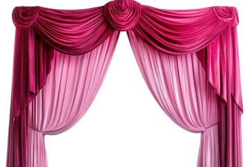 A majestic combination of pink and red velvet curtains forming a bold arch entrance, exuding elegance and grandeur, ideal for setting the stage for a high-class performance or event.
