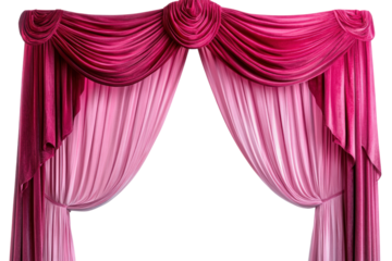 A majestic combination of pink and red velvet curtains forming a bold arch entrance, exuding elegance and grandeur, ideal for setting the stage for a high-class performance or event.