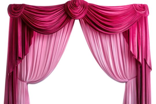 A majestic combination of pink and red velvet curtains forming a bold arch entrance, exuding elegance and grandeur, ideal for setting the stage for a high-class performance or event.