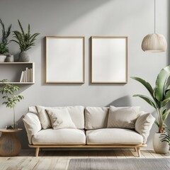 Modern minimalist living room with two framed prints, a beige sofa, and houseplants.