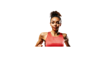 Confident Runner in Motion: A determined female runner, captured in dynamic motion with focused eyes and poised physique, ready to conquer any challenge.