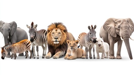 Various African animals like lions, zebras, and elephants arranged together, highlighting the beauty and diversity of savannah wildlife