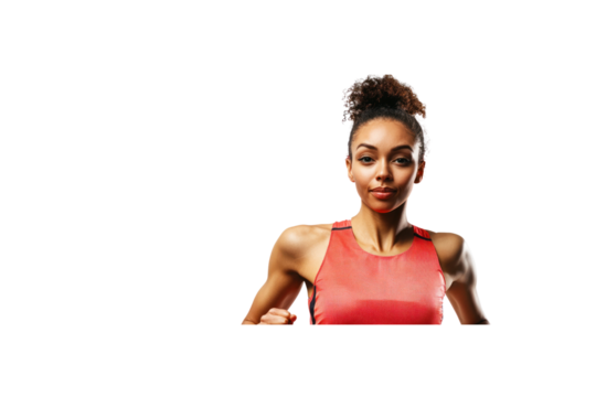 Confident Runner in Motion: A determined female runner, captured in dynamic motion with focused eyes and poised physique, ready to conquer any challenge.