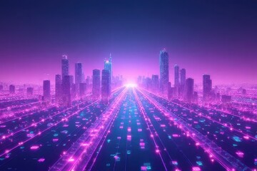 Fototapeta premium radiant neon purple-and-green circuit skyline with arranged center-left in a soft teal-to-white gradient in vibrant edges – Futuristic Digital Art