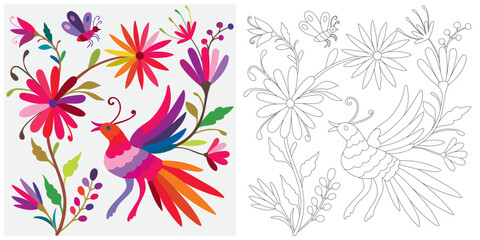 Coloring page, example for coloring, composition with flowers and animals in Mexican style