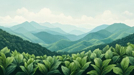 Serene Mountain Landscape with Lush Green Foliage in the Foreground