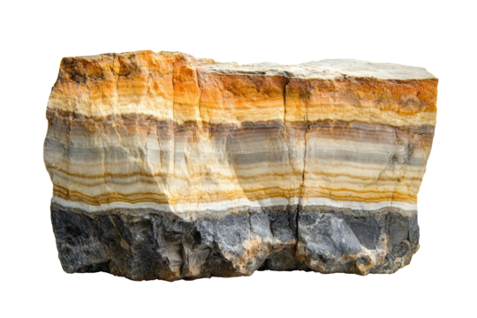 A natural formation of layered rocks with alternating light and dark colors, the layers clearly defined and stacked on top of each other