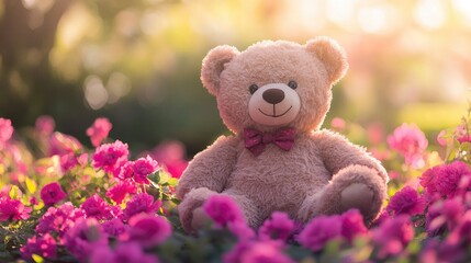 Fototapeta premium A cute teddy bear sitting among vibrant flowers in a sunlit garden.