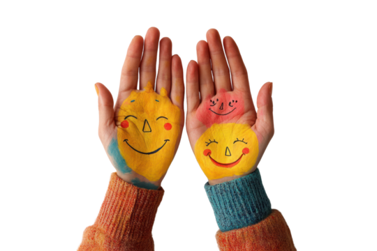 A pair of hands with vibrant smiley faces drawn on the palms, showcasing an assortment of emotive expressions from happiness to playfulness.