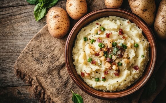 Creamy Mashed Potatoes with Bacon Bits and Peas Served in a Rustic Bowl Surrounded by Fresh Potatoes on a Wooden Table