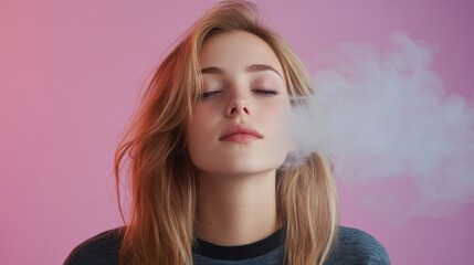 Naklejka premium Young woman with eyes closed exhales vapor against pink background.