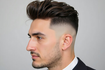 Obraz premium A fashionable young man sporting a pixie cut with side-swept bangs, creating a sharp, modern, and confident style. AI-generated
