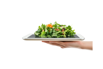 A persons hand holding a tablet and a fresh green salad with nuts, emphasizing the role of technology in tracking diet and health alongside fitness routines.